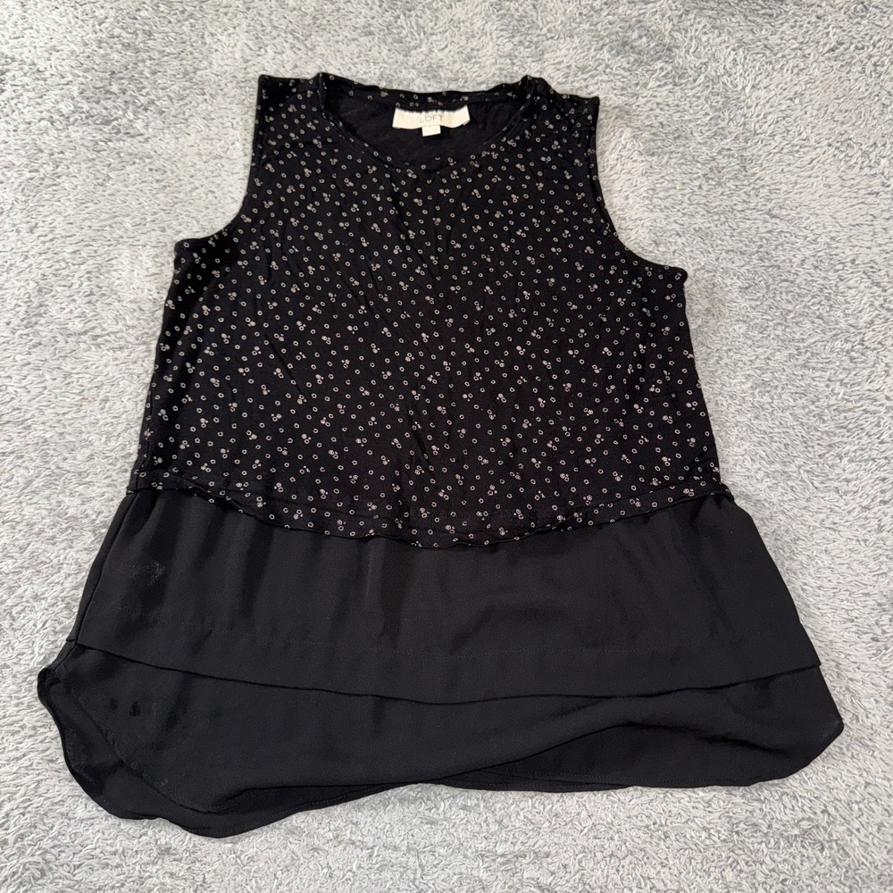 Loft Black Floral Dot Mixed Media Layered Tank Top Chiffon Tiered Hem Size S